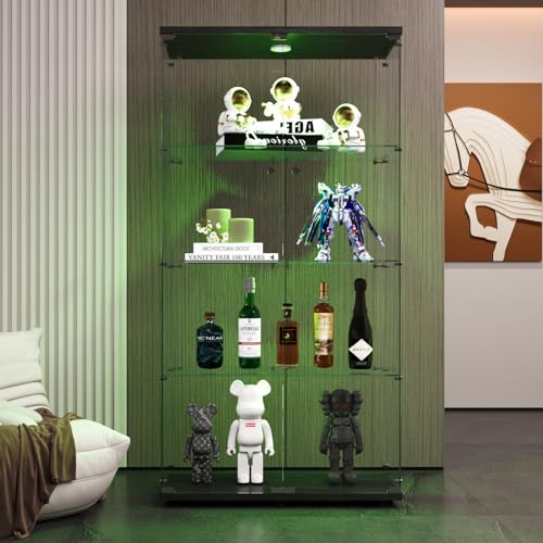 DADEA Glass Display Cabinet, 4 Shelves Glass Cabinet Display Case with Light and Lock, Curio Cabinets Upgraded Quick-Install Style Floor Standing Bookshelf for Bedroom, Living Room (Black)