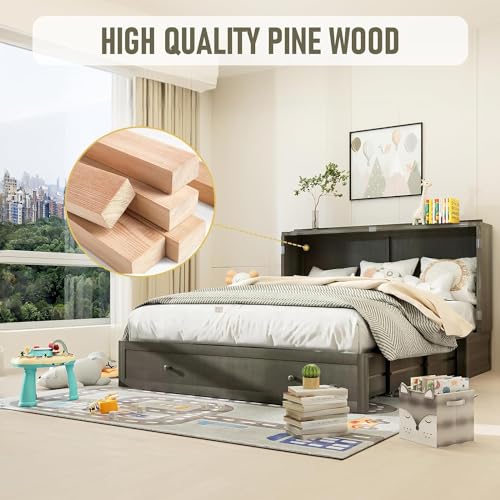 Murphy Bed Queen Cabinet, Pine Wood Murphy Bed,Queen Cabinet Bed with Mattress,Storage Drawer, USB Charging Station,14pcs Auxiliary Wheels for Living Room Apartment (Grey for Queen Size)