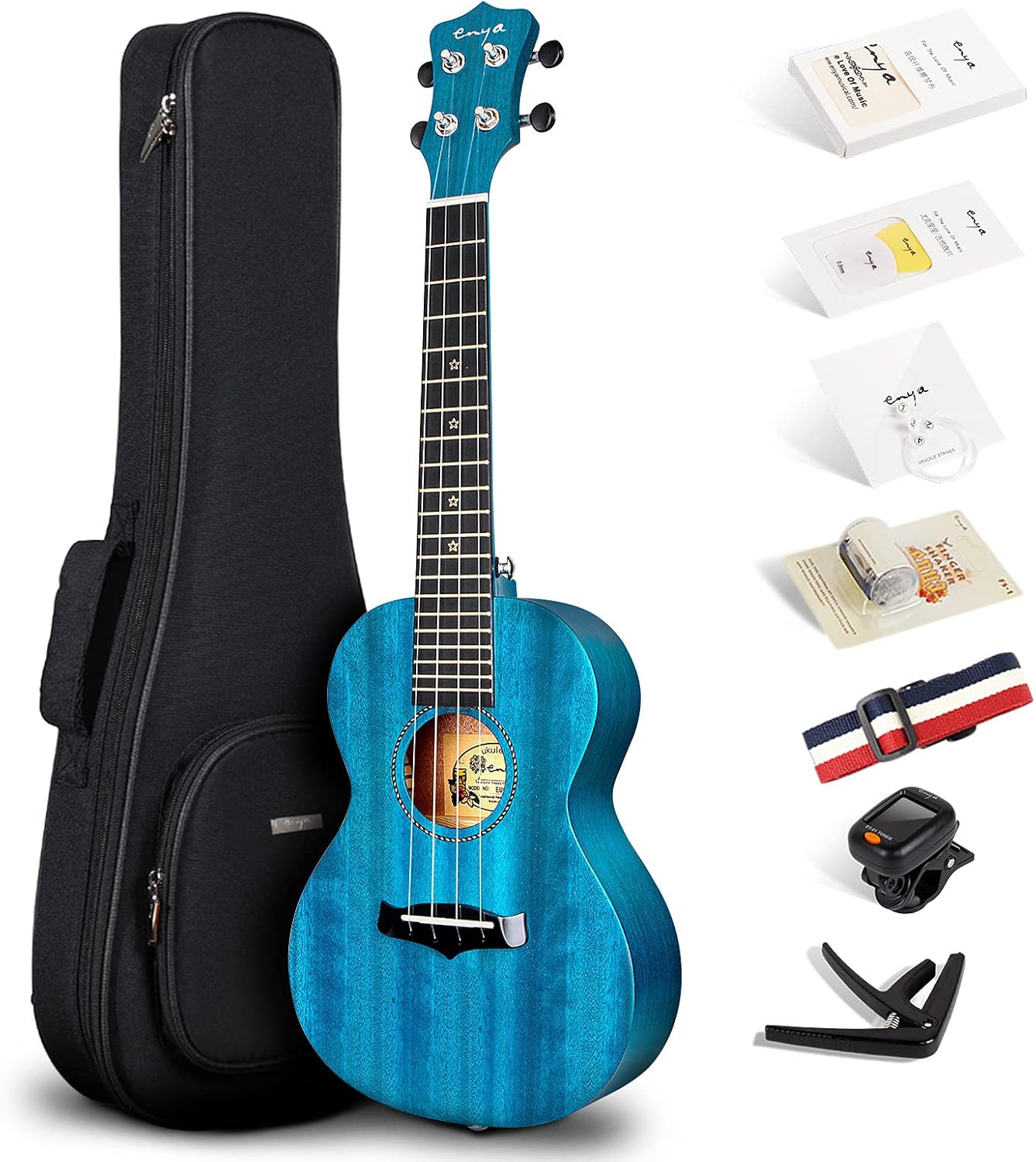 Enya Concert Ukulele 23 Inch Blue Solid Mahogany Top with Ukulele Starter Kit Includes Online Lessons, Tuner,Case, Strap, Strings, Capo, Sand Shaker, Pick,Polish Cloth (EUC-25D BU)