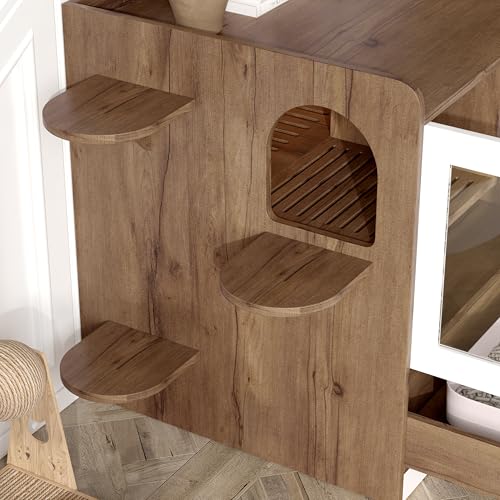 47.25 Inch Multi-Functional Hidden Cat Litter Box Enclosure with Smart Door & LED Light, Modern Cat House with Scratching Post & Stairs, Can be Used as Side Table/TV Stand - White