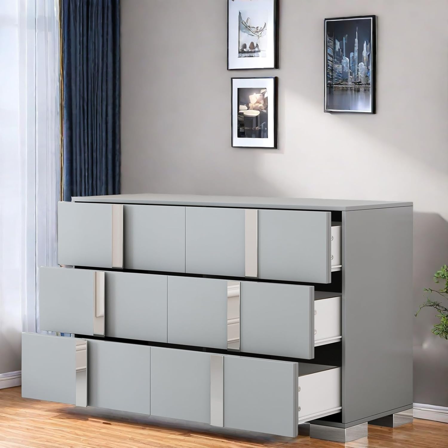 Simple and Elegant Modern, Mirrored Design Metal Handle and 6 Drawers Dresser, Grey