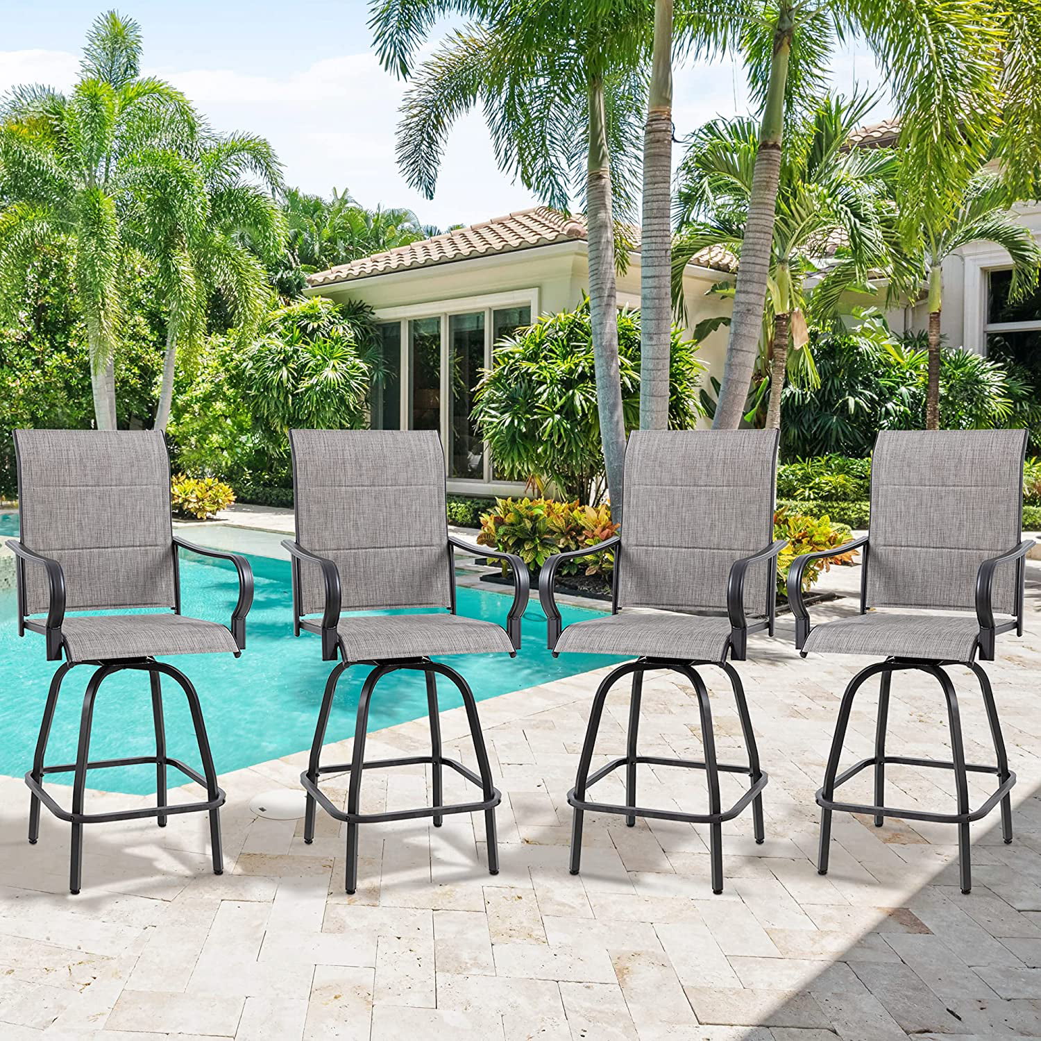 Sobaniilo 4 Pieces Outdoor Patio Swivel Bar Stools, All Weather Padded Sling Textilene High Top Bar Chairs, Bistro Set for Backyard, Lawn Garden, Balcony, Gray