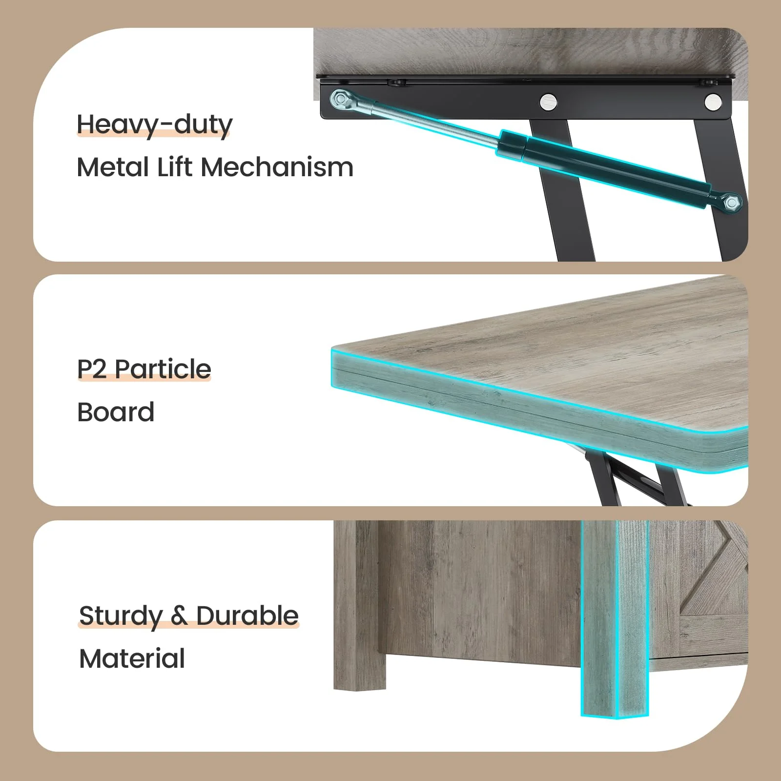 Lift Top Coffee Table with Storage,4 in 1 Multi-Function Convertible Coffee Tables with Hidden Storage Compartment, Farmhouse Dining Table for Living Room, Grey - Curated Treasures Market