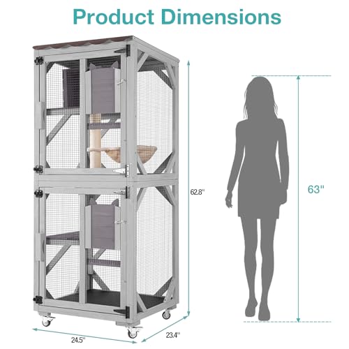 Catio Outdoor Cat Enclosure,Cat House with Wheels,Upgraded cat Scratching Post，Resting Box,Waterproof Roof for Patio Garden (Grey, 31.5" L x 31.5" W x 70.9" H)