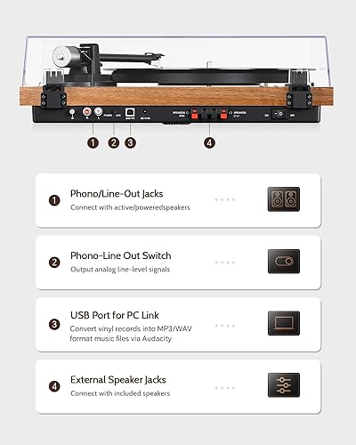 1 by ONE Bluetooth Turntable HiFi System with 36 Watt Bookshelf Speakers, Patend Designed Vinyl Record Player with Magnetic Cartridge, Bluetooth Playback and Auto Off