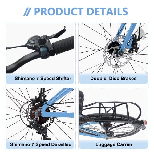 24" Folding City Bike Aluminum Frame 7 Speed Folding Bike,Lightweight Folding Bike，Folding Commuter Bike for Adults, Men, Student，Bike with Rear Rack，Adjustable Stem