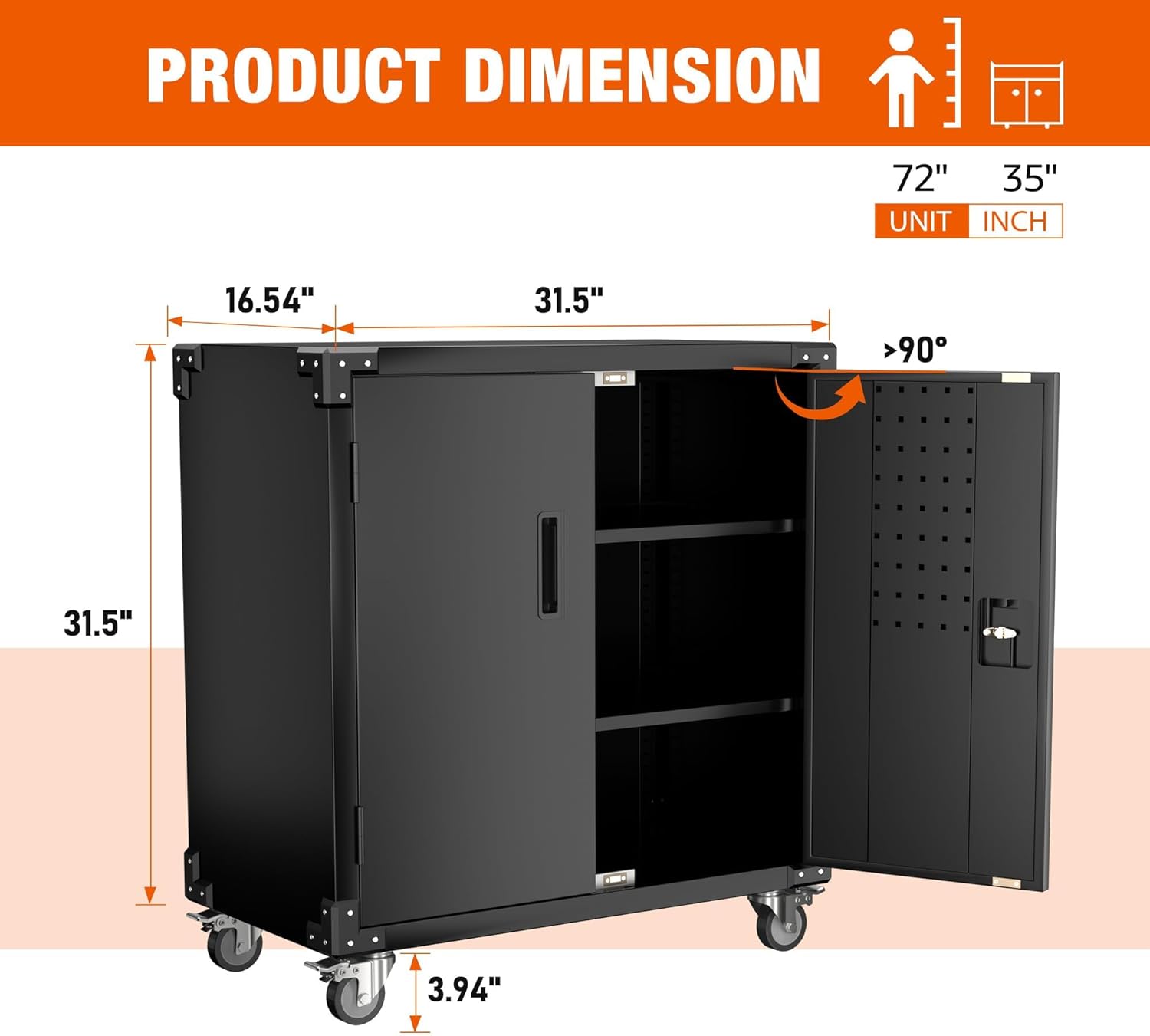Aobabo Metal Garage Storage Cabinet with Wheels,Steel Storage Cabinet with Pegboard and 4 Hooks for Garage,Home Storage,Assembly Required (Black)