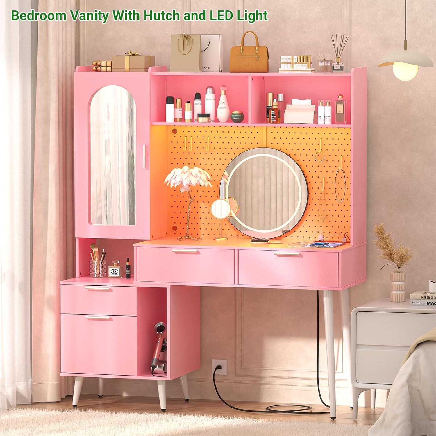 Homieasy Vanity Desk with Mirror & LED Light & Charging Station, 48 Inch Large Makeup Vanity with Ample Storage, Vanity Table with Drawers, Cabinet, Pegboard, Shelves, Storage Hutch, Pink