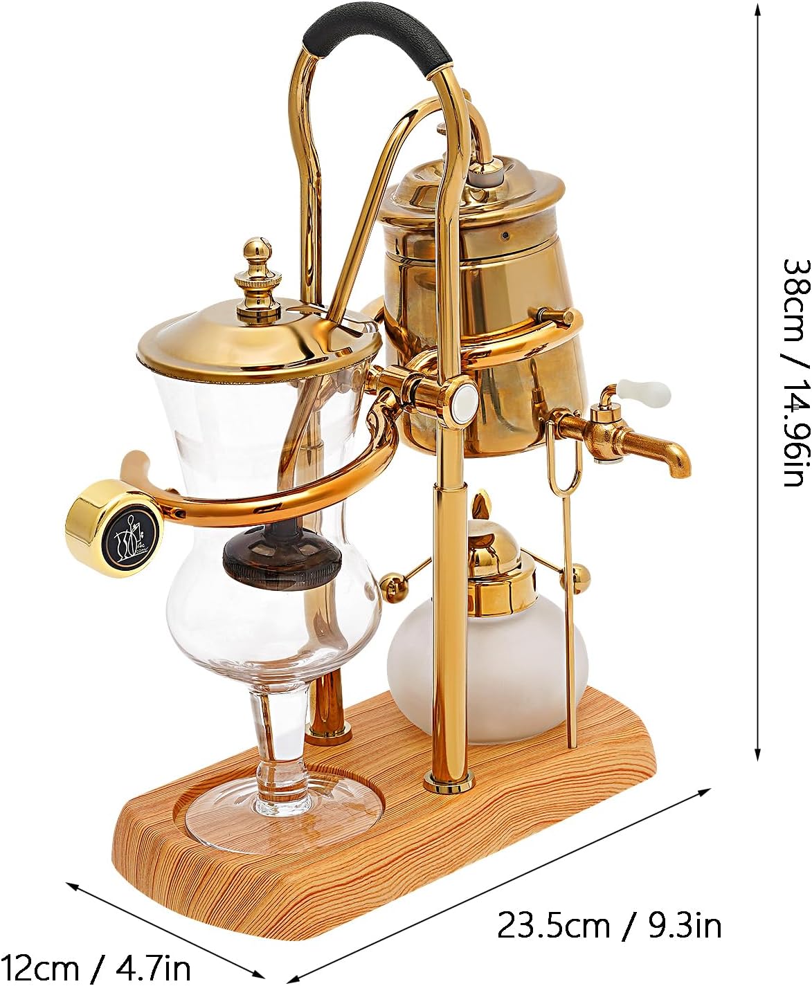 Belgian/Belgium Siphon Coffee Maker, Luxury Royal Family Balance Syphon Coffee Maker Vacuum Brewing System, Double Ridged Fulcrum with Tee Handle, Vintage Classic Retro Luxury Gold