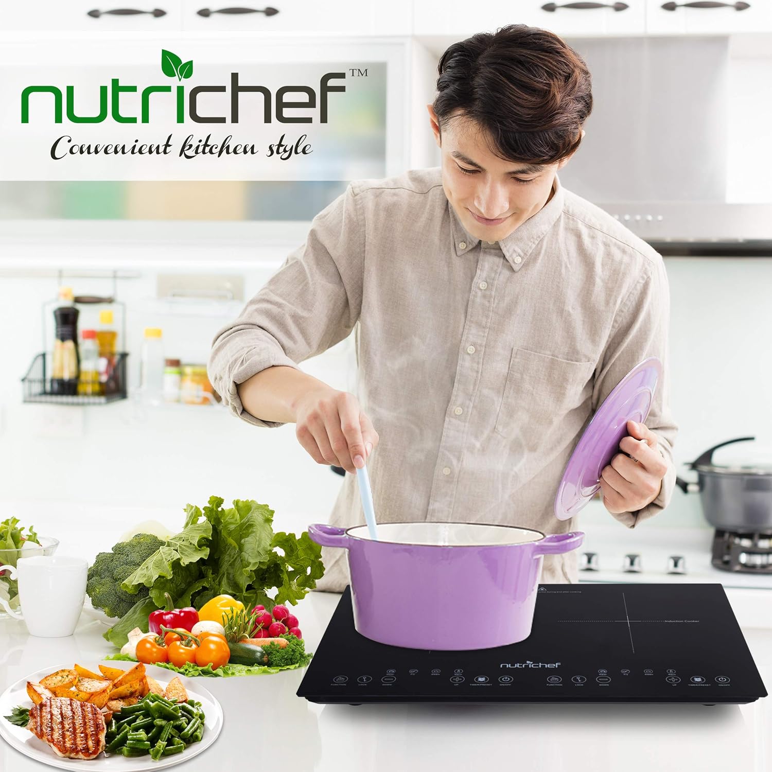 NutriChef Dual 120V Electric Induction Cooker - 1800w Portable Digital Ceramic Countertop Double Burner Cooktop w/ Kids Safety Lock - Works w/ Stainless Steel Pan / Magnetic Cookware