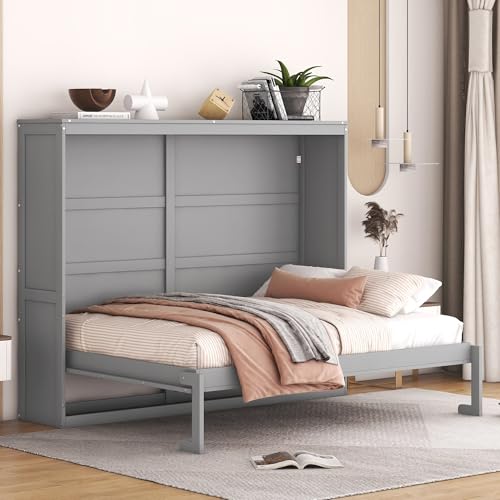 Harper & Bright Designs Queen Size Murphy Bed Wall Bed with Storage Shelves, Wardrobe and LED Lights, Space-Saving for Multipurpose Guest Room or Home Office, Gray