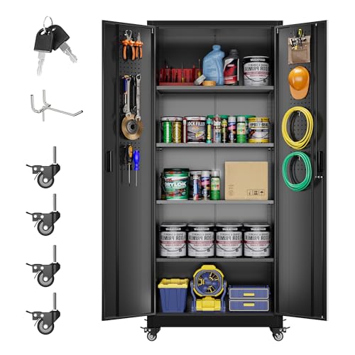 73" H Metal Storage Cabinet with Wheels, Garage Storage Cabinet with 4 Adjustable Shelves and Lockable Doors for Garage Home Office Utility Room,Required Assembly,Black