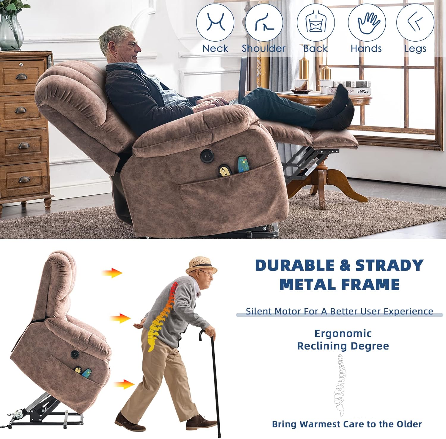 Large Electric Power Lift Recliner Chair for Elderly Big People, Heated Massage Motorized Reclining Sofa, Wide Soft Fabric Recliners with 2 Remote Controls, Side Pockets & USB Ports, Brown
