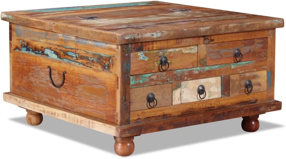 vidaXL Brown Multicolor Reclaimed Wood Coffee Table | Square Design with Large Storage Compartment | Equipped with 5 Drawers | Polished, Painted, Lacquered Finish | Ideal as End or Side Table