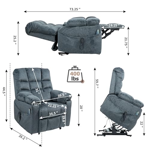 Light Grey Recliner Chair for Elderly | Tall and Big Man 400lbs | Chenille | Power Lift, Lay Flat, Stand Up, Wireless Charging Device, Extended Footrest, Massage Heat, Cup Holder, Lumbar Pillow