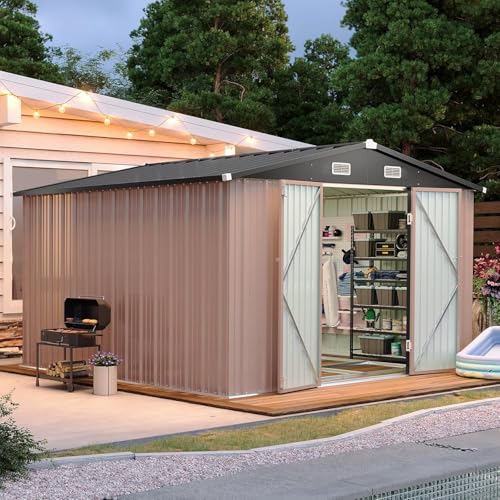 Aoxun 10 x 12FT Outdoor Storage Shed with Double Hinged Large Door Utility Garden Shed with Lockable Door & Sloped Roof Metal Sheds Outdoor Storage for Garden, Backyard, Patio and Backyard, Brown