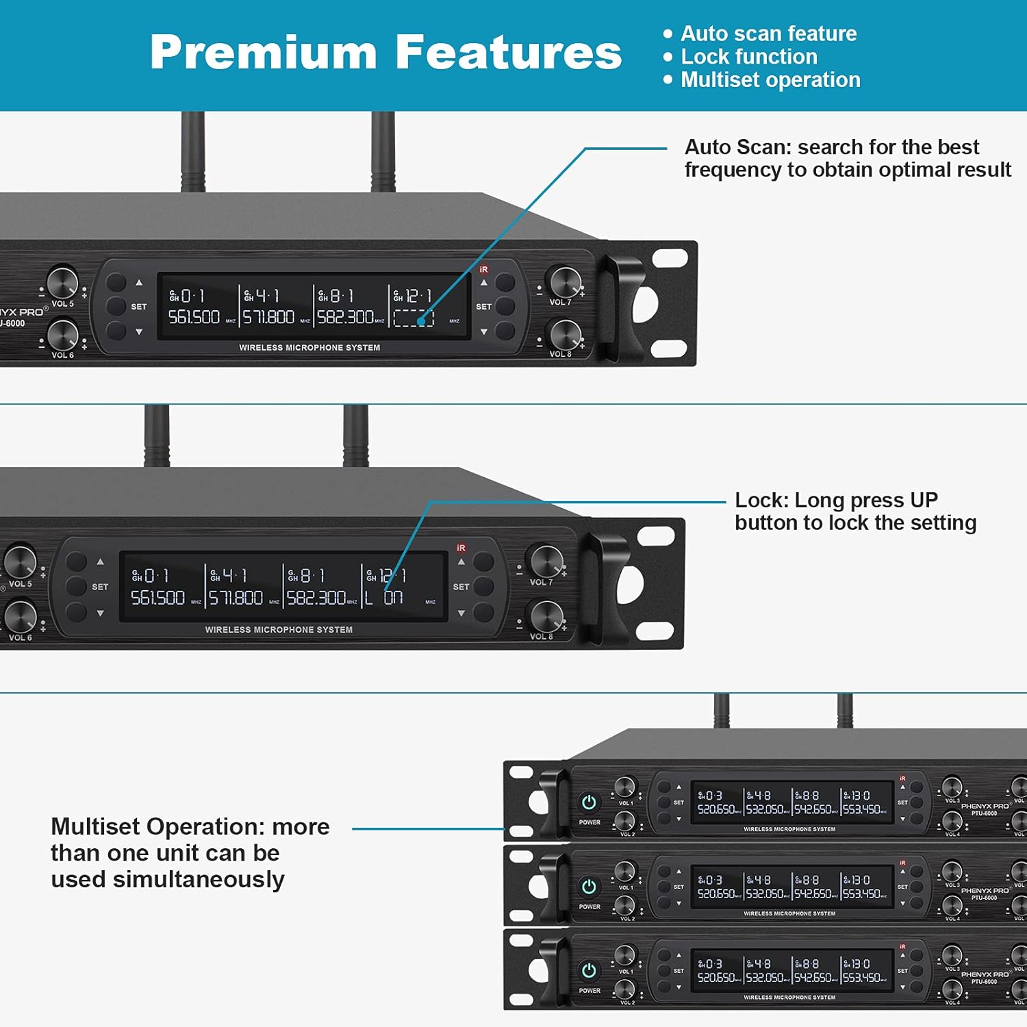 Wireless Microphone System, Phenyx Pro Eight-Channel Cordless Mic Set with Metal Handheld Mics, 8x40 Channels, Auto Scan, Long Distance 328ft, Ideal for DJ, Church, Outdoor Events (PTU-6000A)
