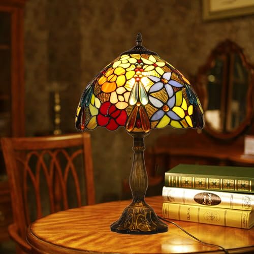 Tiffany Table Lamps for Living Room 12X12X19 INCH Tall Blue Dragonfly Stained Glass Table Lamps for Dining Room Bedroom Bedside Nightstand Retro Antique Style Home Office Desk Lamps