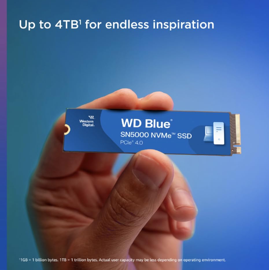 Western Digital 4TB WD Blue SN5000 NVMe Internal Solid State Drive SSD - PCIe Gen 4.0, M.2 2280, Up to 5,500 MB/s - WDS400T4B0E