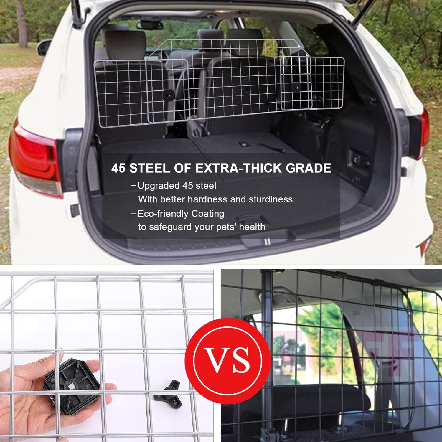 SNUGENS Dog Barrier for SUVs, Cars and Vehicles, Smooth Designed Wire Mesh Pet Barrier, Heavy-Duty Adjustable Dog Car Guard, Safety Car Divider for Cargo Area, Car Gate Fence with Dog Leash