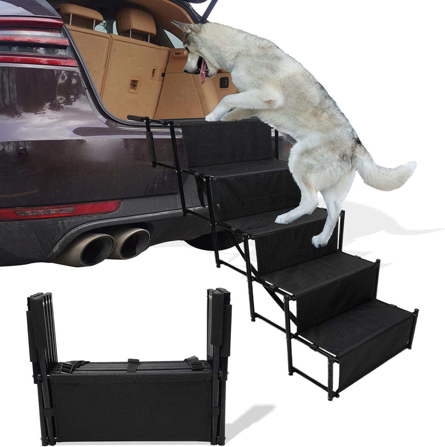 YEP HHO 4 Steps Upgraded Folding Pet Stairs Ramp Lightweight Portable Cat Dog Ladder with Waterproof Surface Great for Cars Trucks SUVs (Grey)