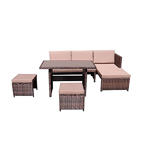 5 Pieces Patio All Weather Rattan Wicker Sectional Dining Sets with Poly Wood Table, Outdoor Furniture Cushioned Sofa Sets with Ottomans and Lounge Sofa (Light Gray Wicker + Dark Gray Cushion)