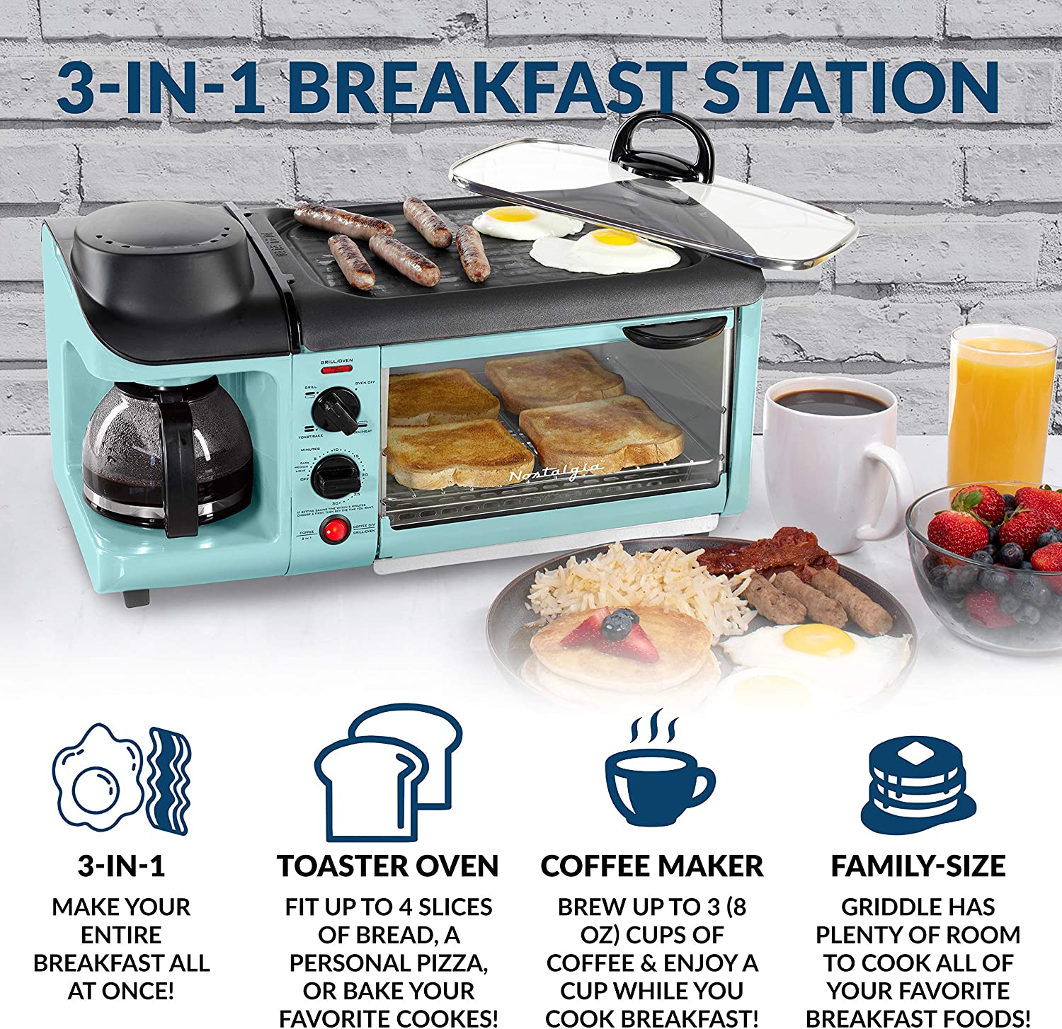NOSTALGIA BSET300AQ Retro 3-in-1 Family Size Breakfast Station, Coffeemaker, Toaster Oven, Griddle, Aqua