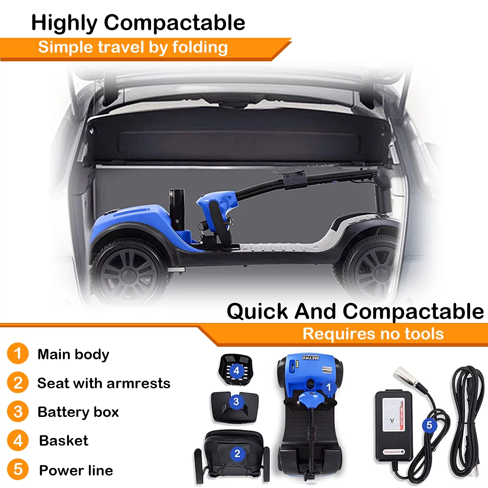 4 Wheels Folding Mobility Scooter for Seniors Adults with Baskets Blue