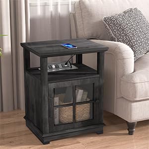 End Table with Charging Station, Side Table with Storage, White Nightstand with Adjustable Shelf, Wireless Charging End Table for Living Room, Bedroom
