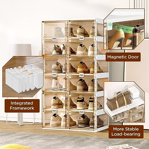 Foldable Shoe Rack,Shoe Organizers for Closet Plastic Shoe Storage Box Space Saving for Entryway, Large Sturdy Stackable Sneaker Cabinet Bins with Magnetic Clear Door 8 Tiers 16 Pairs
