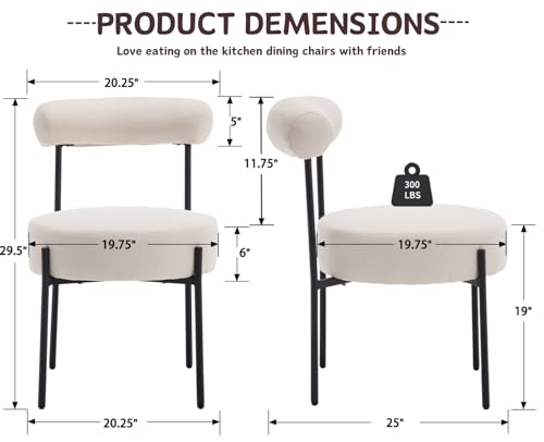 Shunzhi Modern Linen Fabric Dining Chairs Set of 2 Upholstered Dining Room Chairs with Round Seat, Kitchen Chairs Accent Side Chair with Barrel Back/Black Metal Legs for Kitchen/Dining Room, Beige