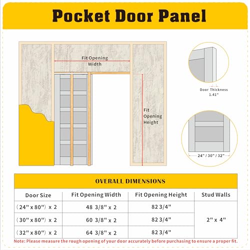 Double Sliding Pocket Door 60"（30" x2） x 80" - 5 Lites Tempered Frosted Glass Panels, Interior & Closet Single Door Slab, White Primed - Panel Assembly (Needed without Hardware Kit