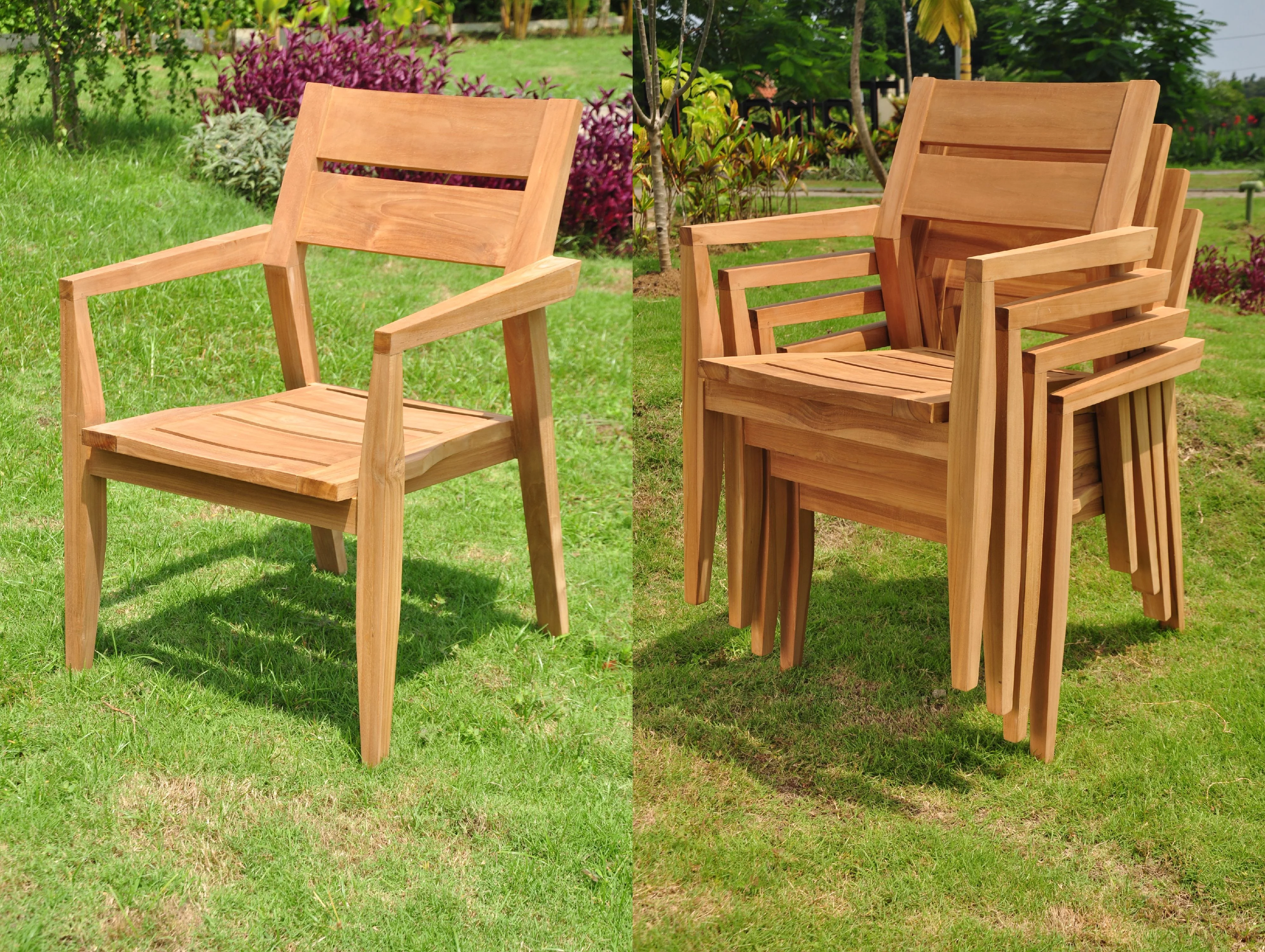 Grade-A Teak Dining Set: 6 Seater 7 Pc: 72" Round Table And 6 Vellore Stacking Arm Chairs Outdoor Patio WholesaleTeak #WMDSWVm