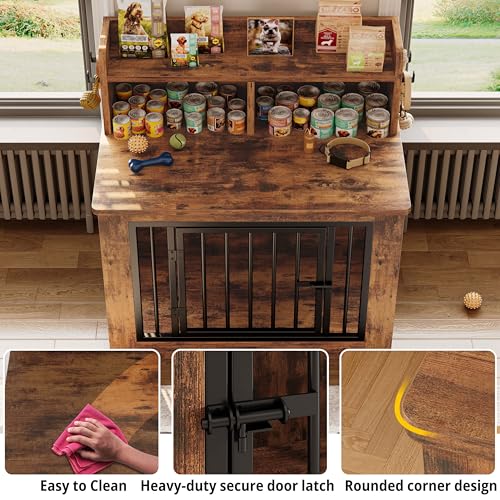 IRONCK Extra Large Dog Crate Furniture, 43.3 inches Wooden Dog Crate with Storage and 4 Hooks, Heavy Duty Pet Crate for Large Dog, Decorative Pet Cage for Indoor (30" L x 43.3" W x 41.1" H)