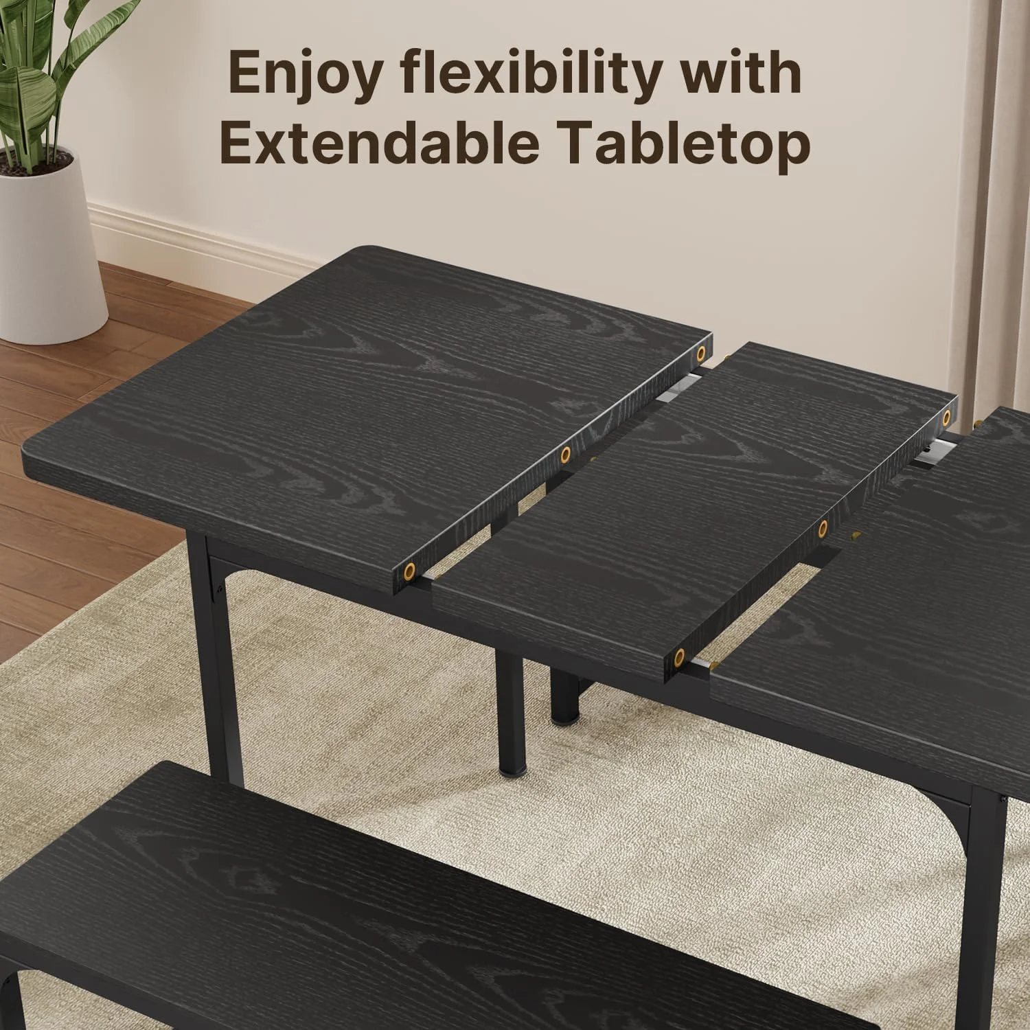 Dining Table Set For 4 To 6, Extendable Kitchen Table Set With 2 Benches, Ideal For Small Spaces And Apartment Dining Gatherings, Black