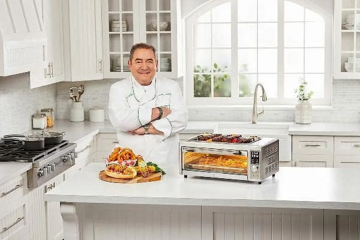 Emeril Power Grill 360, 6-In-1 Countertop Convection Toaster Oven With Top Indoor Grill, Air Fry, Roast, Toast, Bake, Dehydrate, Glass Lid, Stainless Steel