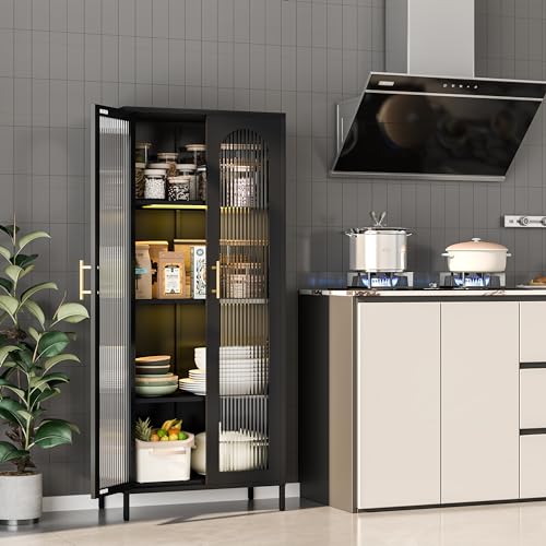 Metal Storage Cabinet, 65” Kitchen Pantry Cabinet with Glass Doors and 3 Adjustable Shelves, Display Curio Cabinet with 2 LED Lights, Black Cabinet for Home Office, Dining Room, Living Room