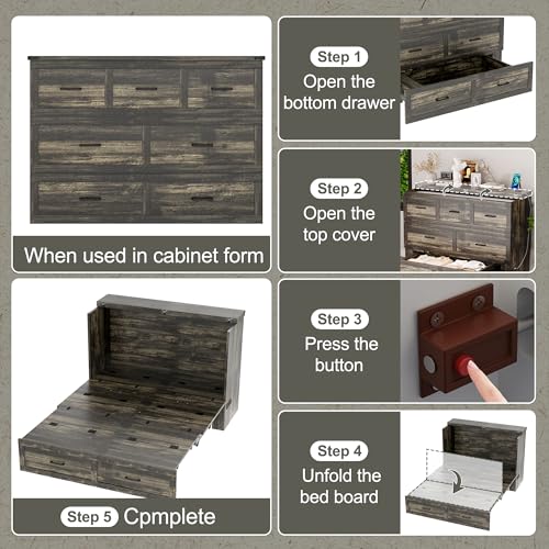 Bellemave Queen Murphy Bed, Cabinet Bed with Charging Station and Storage, Farmhouse Murphy Cabinet with Foldable Panel, Noisy Free, for Guest Bedroom, Living Room, Office, Rustic Gray
