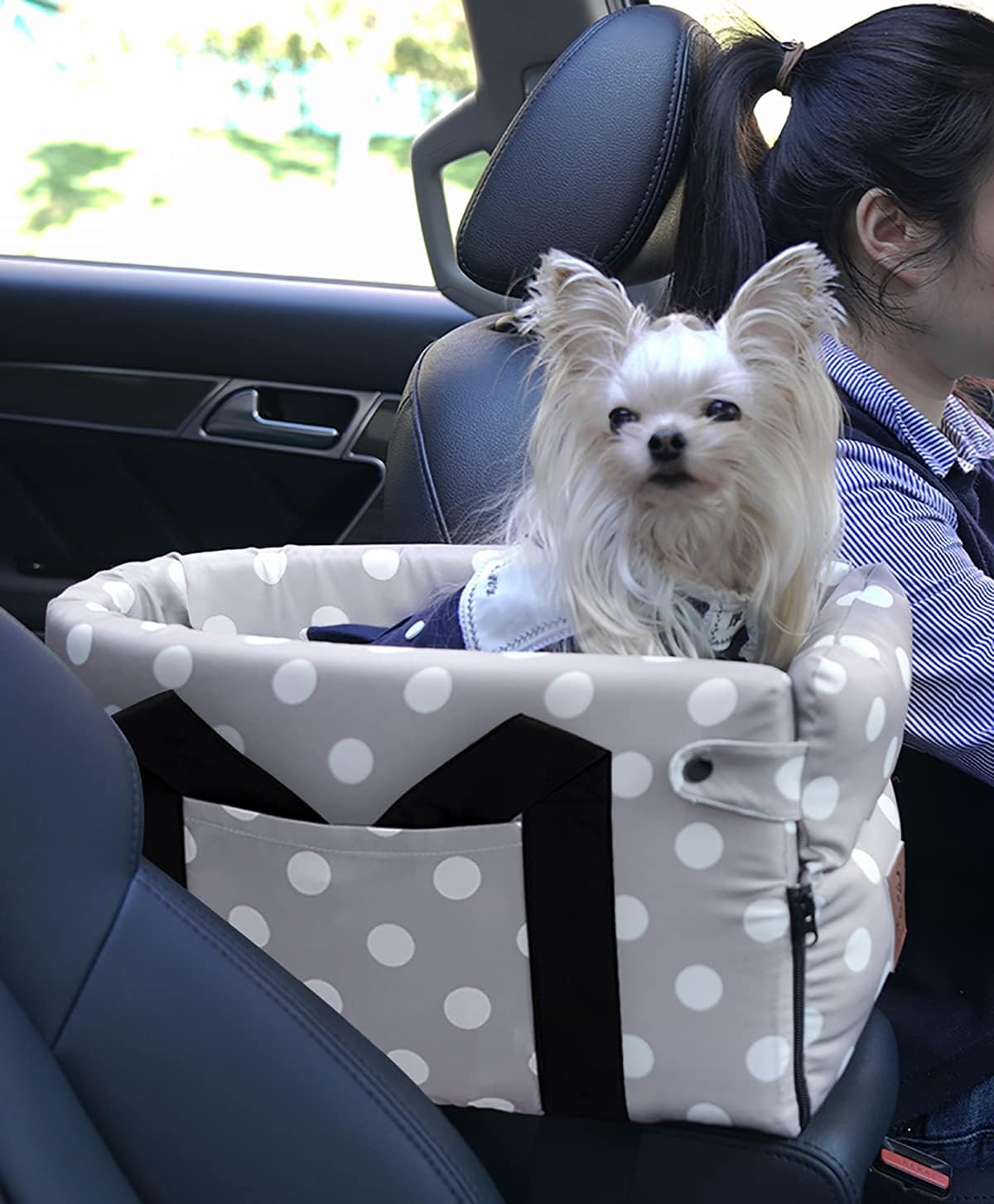 Ximei Dog Booster Car Seat ON Car Armrest Center Console Dog Pet Booster Car Seat Dog Cat Travel Seat Puppy Console for SUV Secure Safety Seat Perfect for Small Dogs Cats (Black and White)