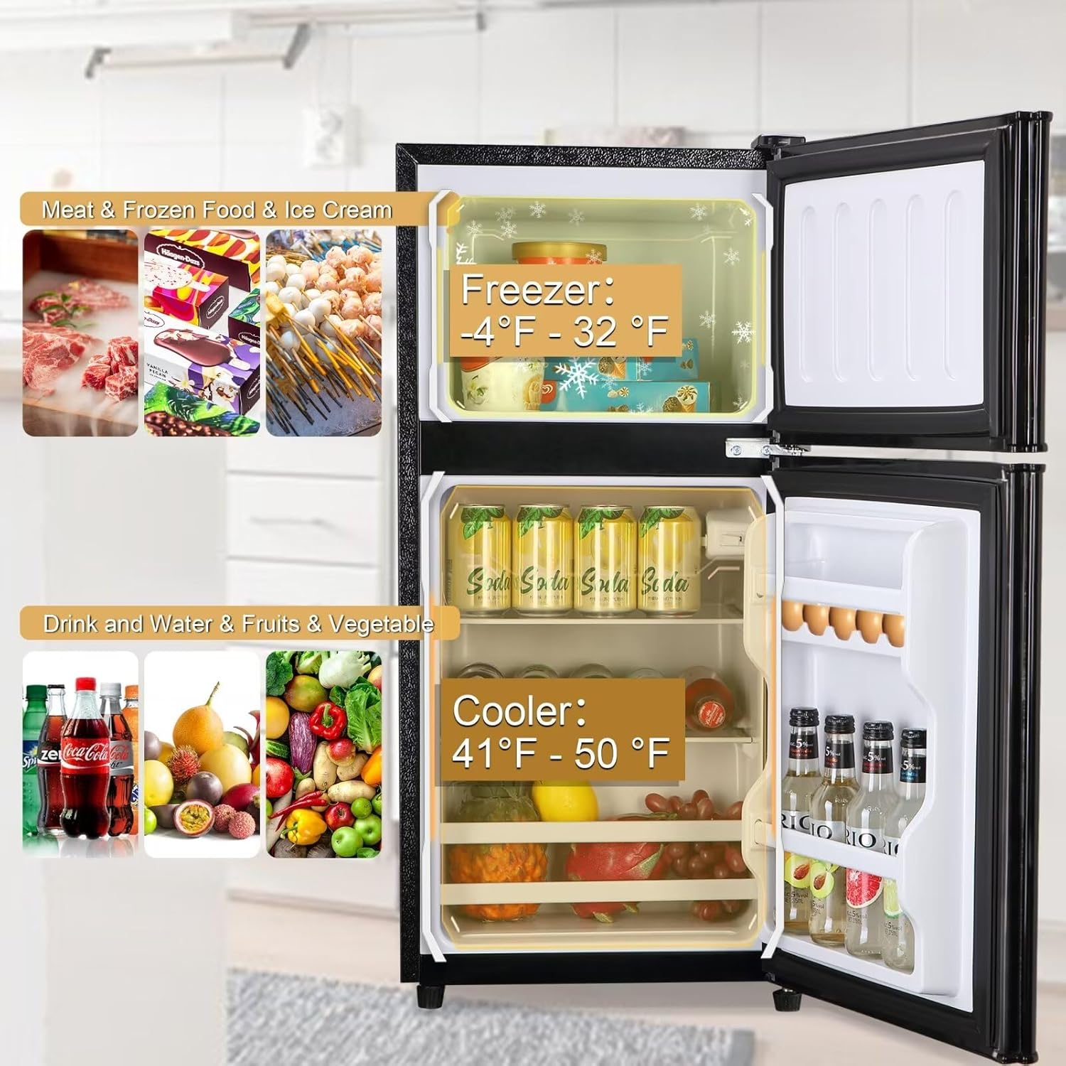 Apartment Size Refrigerator, 4.0 Cu.Ft Mini Fridge with Freezer Perfect for Kitchen, Dorm, Apartment, Office, Compact Fridge with 7 Adjustable Thermostat, Low Noise, Black