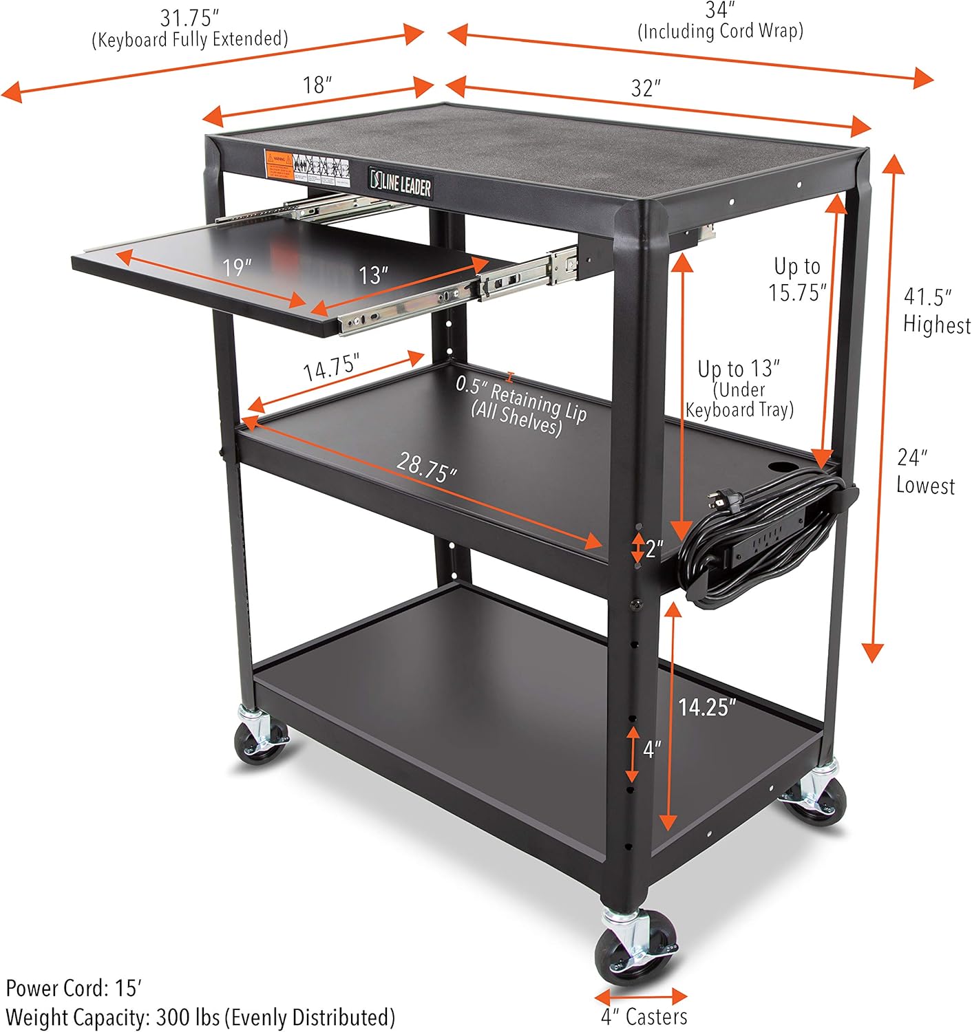 Line Leader Large AV Cart with Retractable Keyboard Tray | Height Adjustable Utility Cart | Includes Pullout Keyboard Tray & Cord Management | Easy Assembly (34in x 18in x 42in / Black)