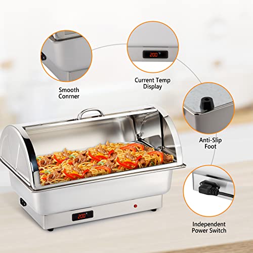 ROVSUN Electric 9 QT Stainless Steel Chafing Dish Buffet Set,Roll Top Chafer, Food Warmer with Full Size & 2 Detachable Food Pans for Party Wedding Catering Banquet Graduation