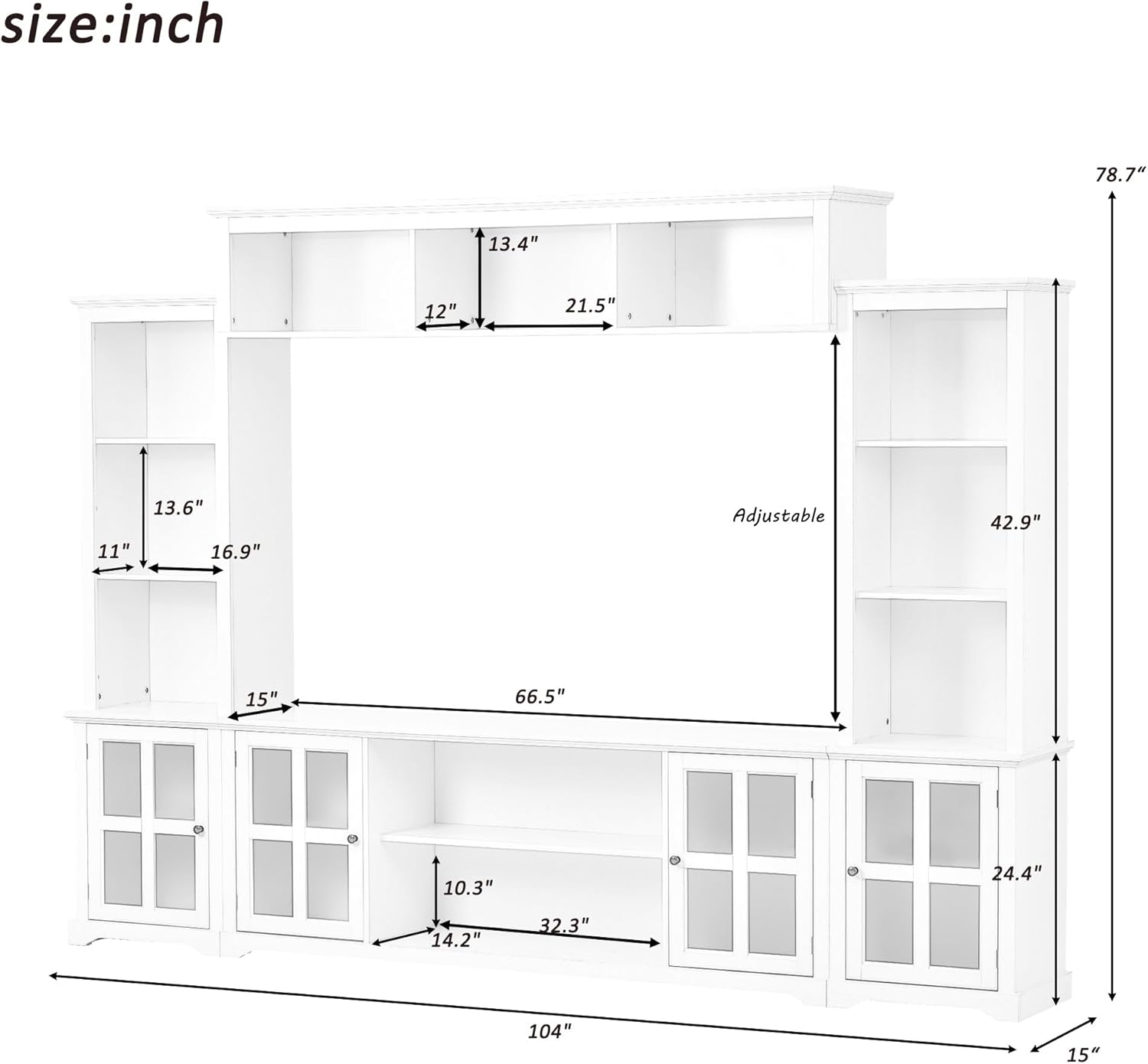 Entertainment Wall Unit with Bridge, Stand Media Console Table for TVs Up to 70" with Tempered Glass Door, Ample Storage Space for Living Room, White