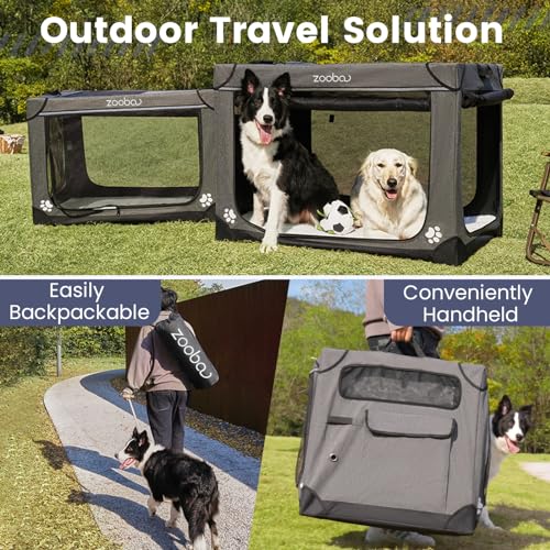 42" Portable Soft Dog Crate for Large Dogs - Collapsible Travel Kennel with Carry Bag, Foldable Cage with Durable Textilene Mesh Door, Plush Bed - Ideal for Home or Travel - Charcoal Gray