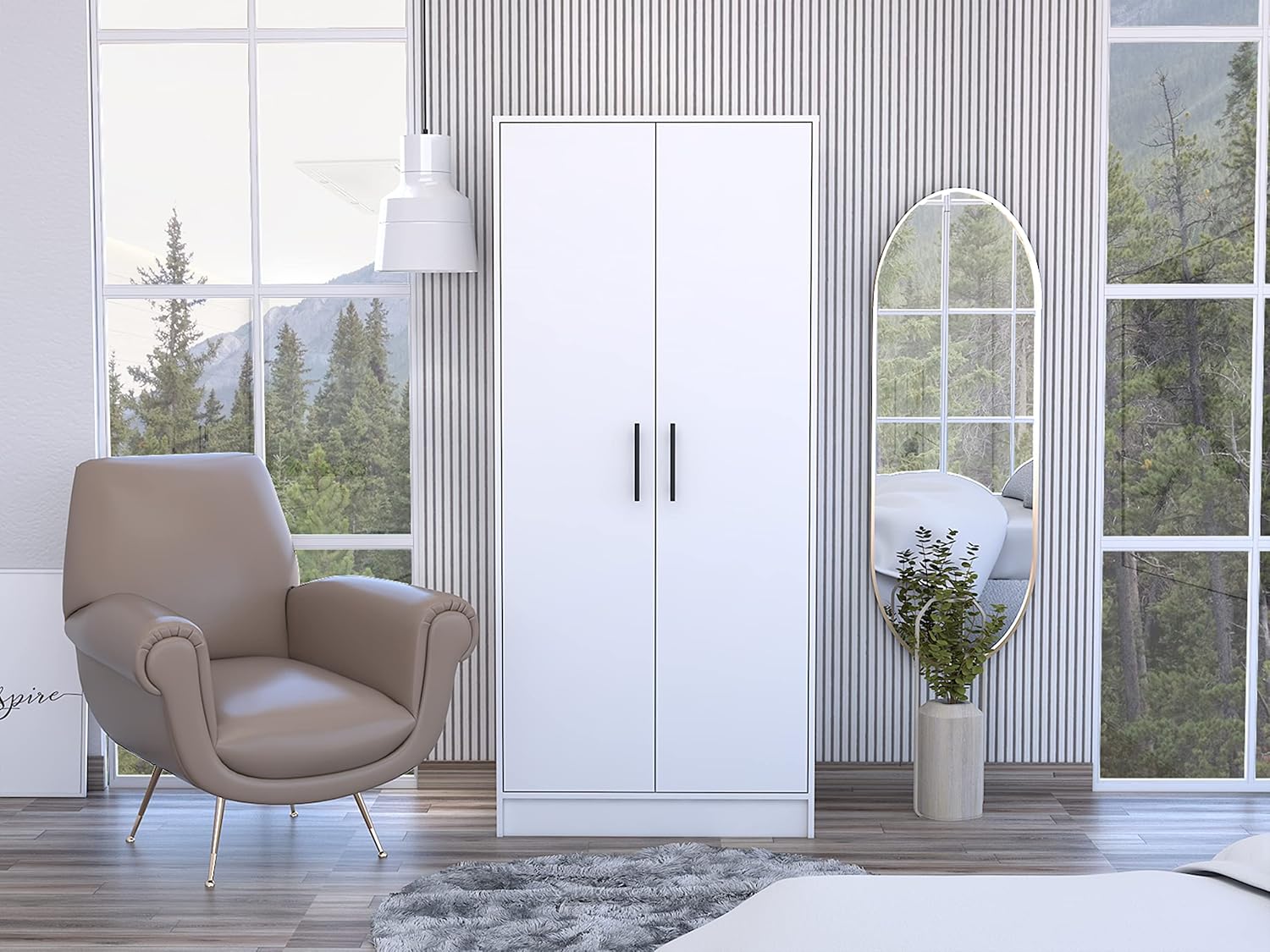 Darwin 180 Armoire with Double Doors, Metal Rod, Top Shelf, and Drawer, White
