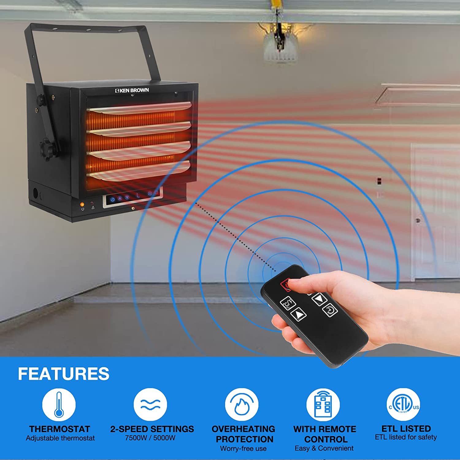 KEERDAO 7500W Digital Fan Forced Ceiling Mount Heater, Electric Garage Heater with Full-Function Remote, Digital Thermostat and 8-Hour Timer for Garage, Shop, Workshop, Warehouse or Storage Area
