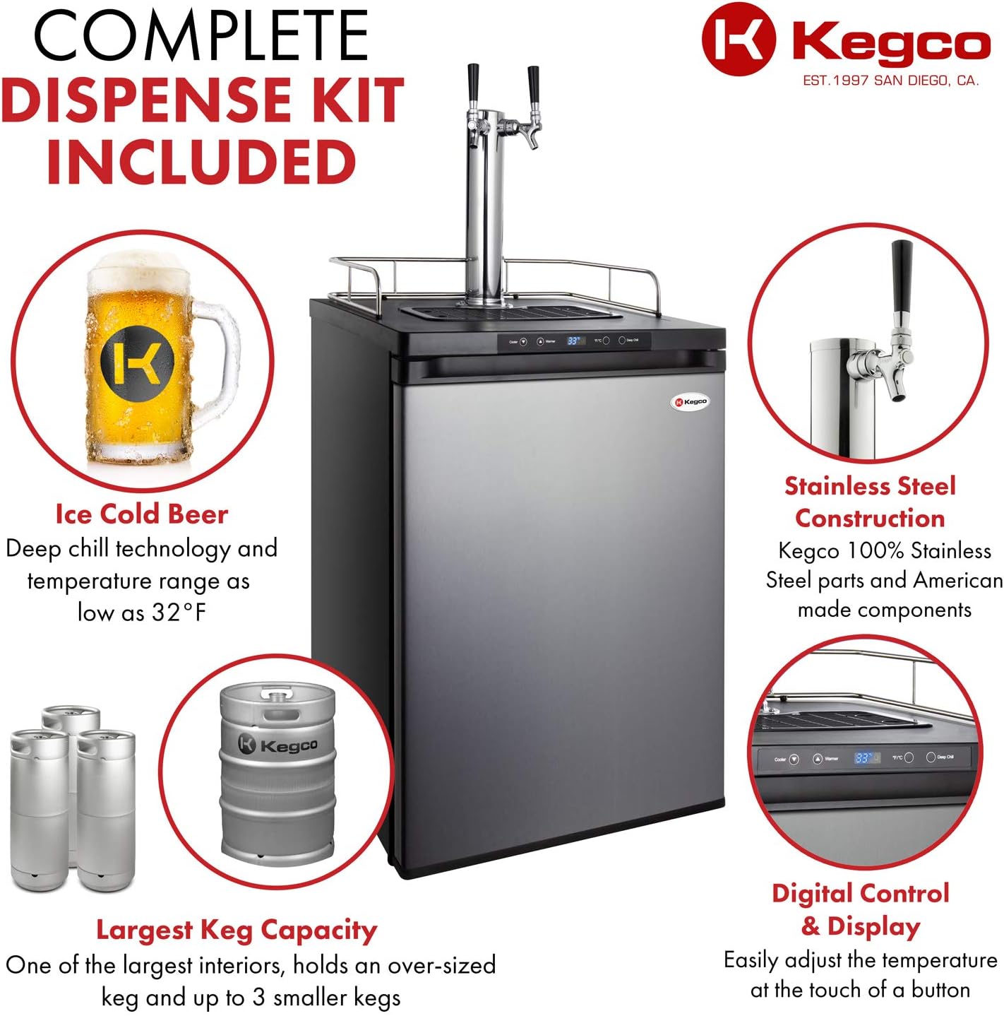 Kegco Kegerator, Dual Tap, Stainless Steel