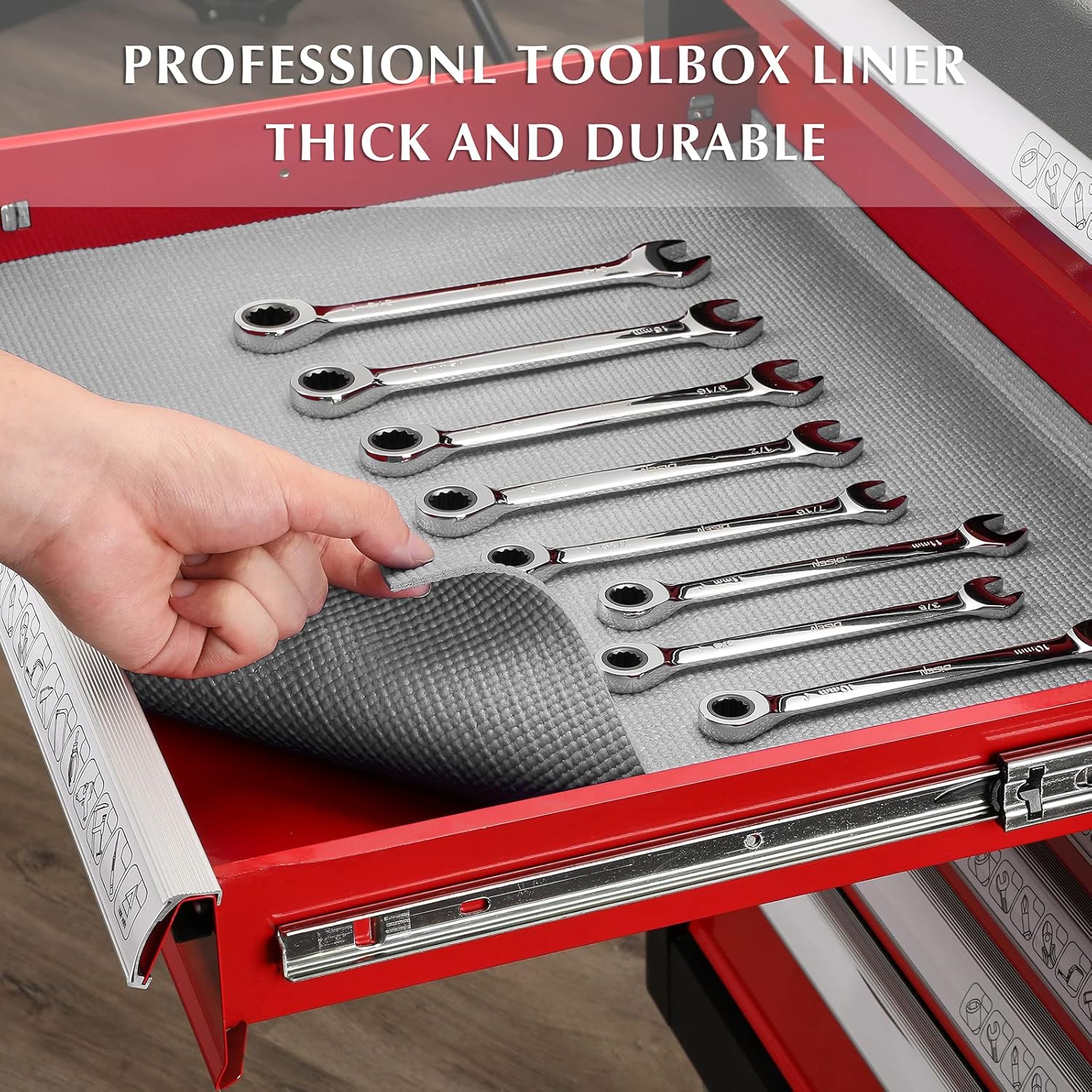 EMENTOL Professional Tool Box Liner and Drawer Liner, Grey-16 inch(W) x 16 feet(L),Thick Cabinet Liners, Non-Slip, Easy Cut and Adjustable, 3mm Thickness