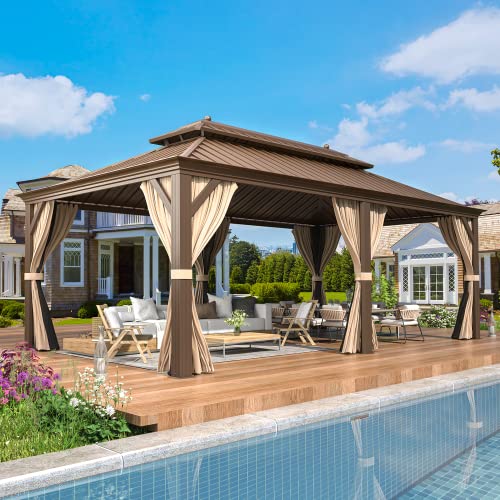 EROMMY 14'x20' Hardtop Gazebo Double Roof Galvanized Steel Canopy Outdoor Aluminum Frame Permanent Metal Pavilion with Netting and Curtains for Patio Backyard Deck and Lawns