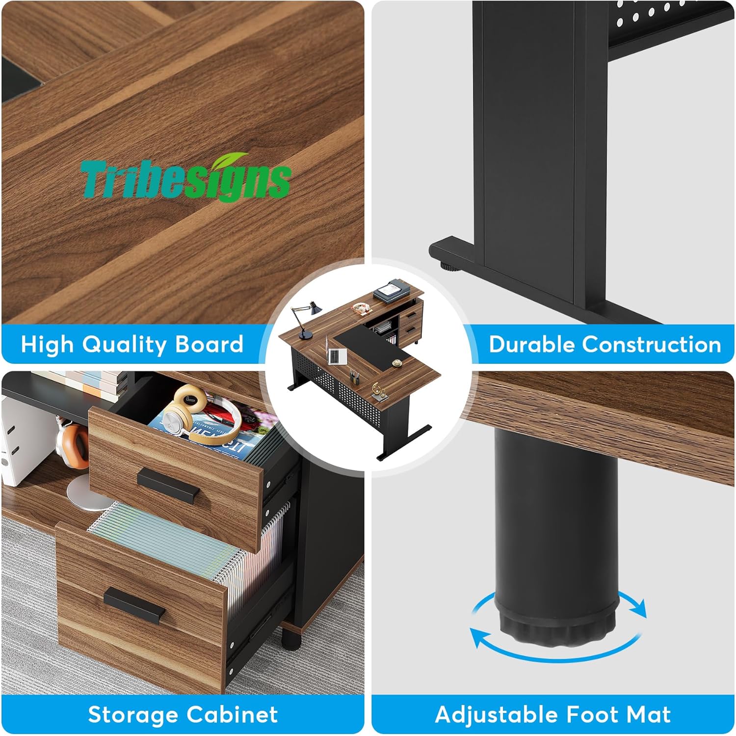 Large Computer Desk with File Cabinet, 63 Inch Executive Desk L Shaped Office Desk, Business Furniture Desk Workstation for Home Office, Brown and Black